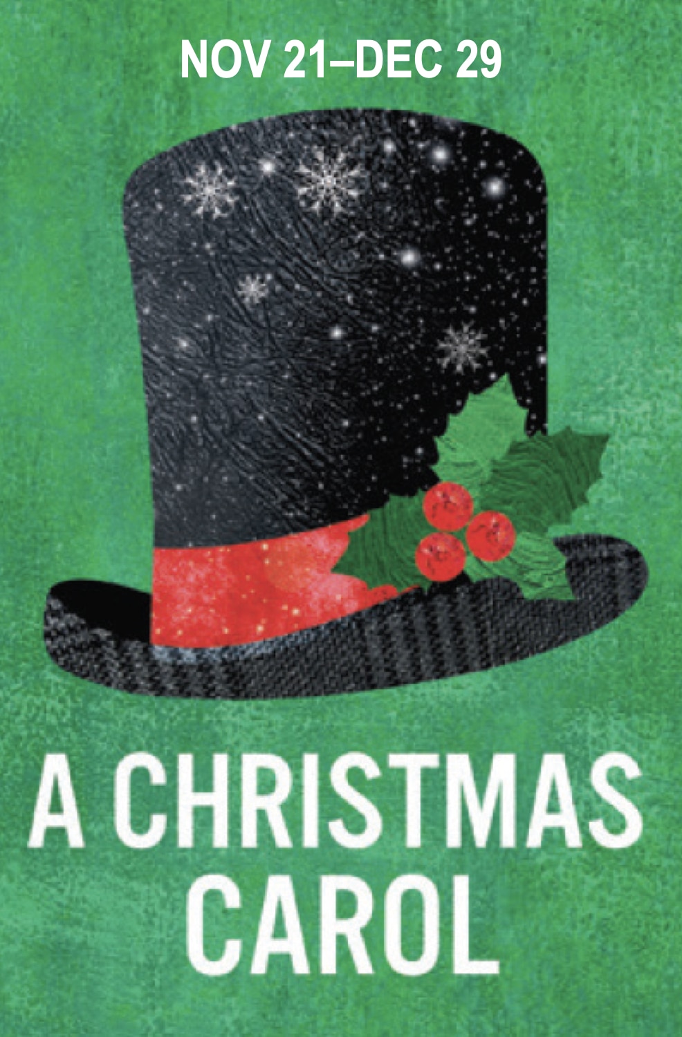 A Christmas Carol graphic - black hat with red band and holly sprig on green background