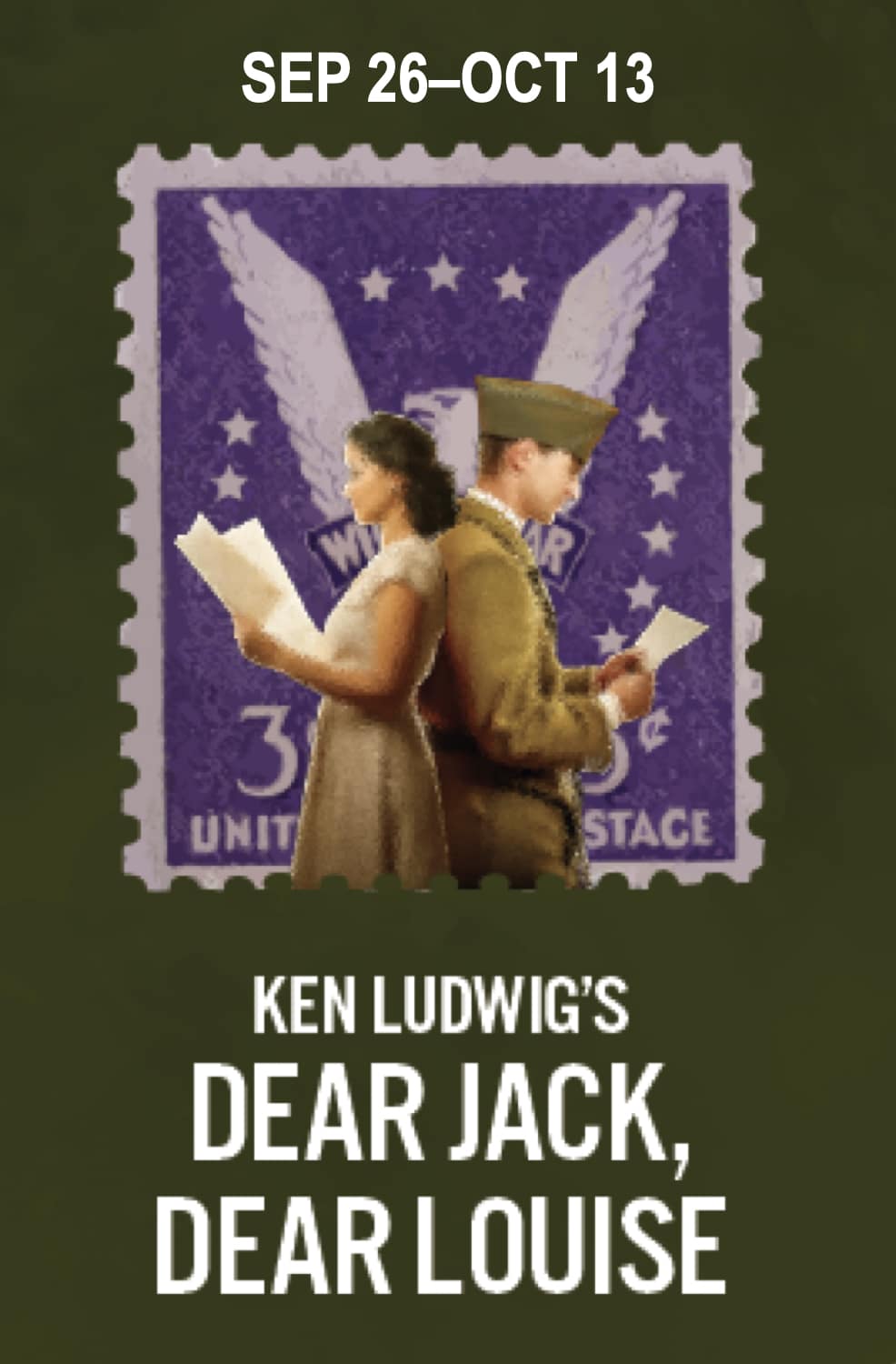 Dear Jack, Dear Louise graphic - soldier and young woman back to back reading letters