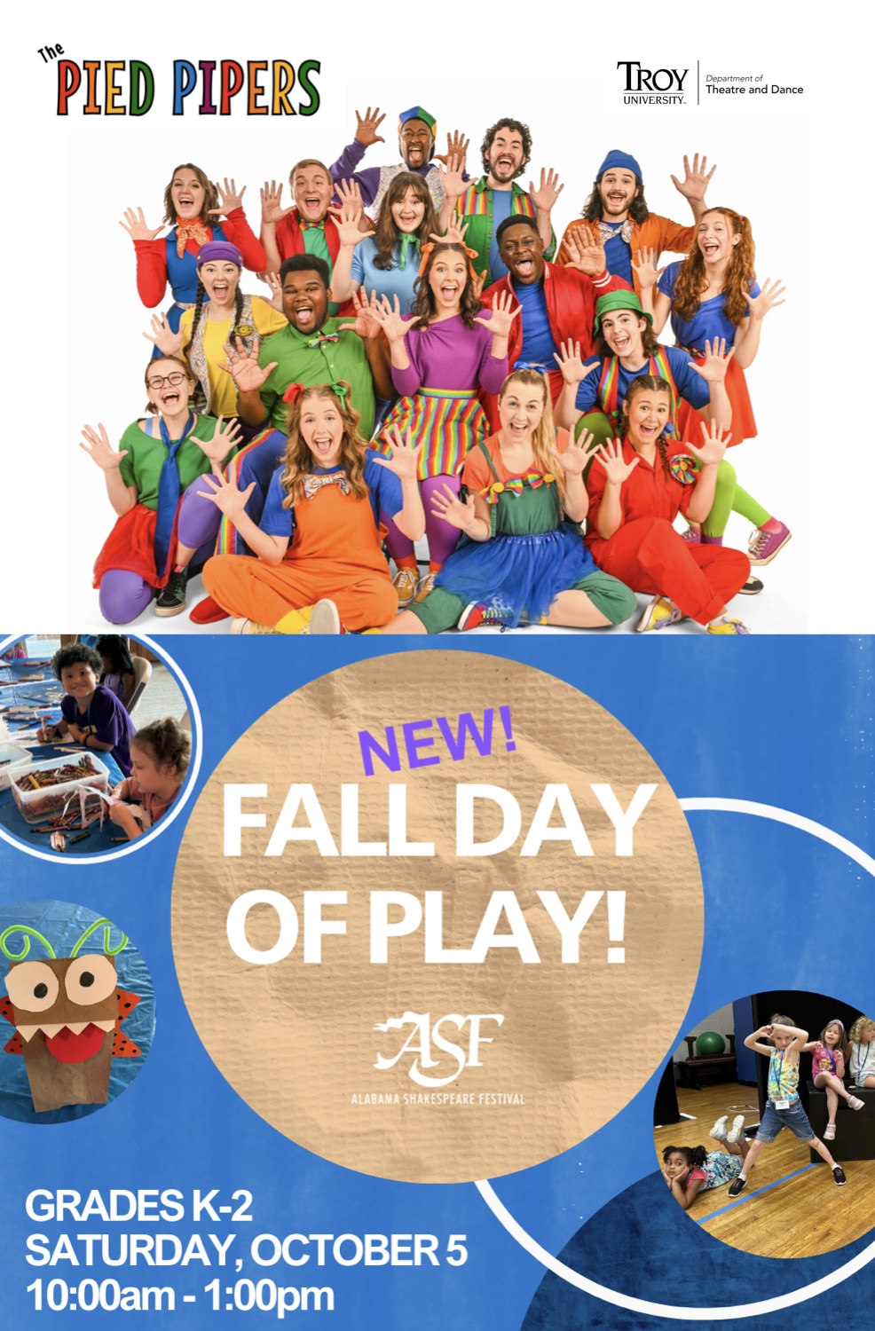 Fall Day of Play Season 53 graphic - Troy University Pied Piper actors in brightly colored attire