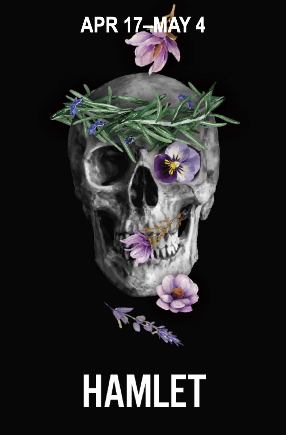 Hamlet graphic - skull with flowers and rosemary wreath