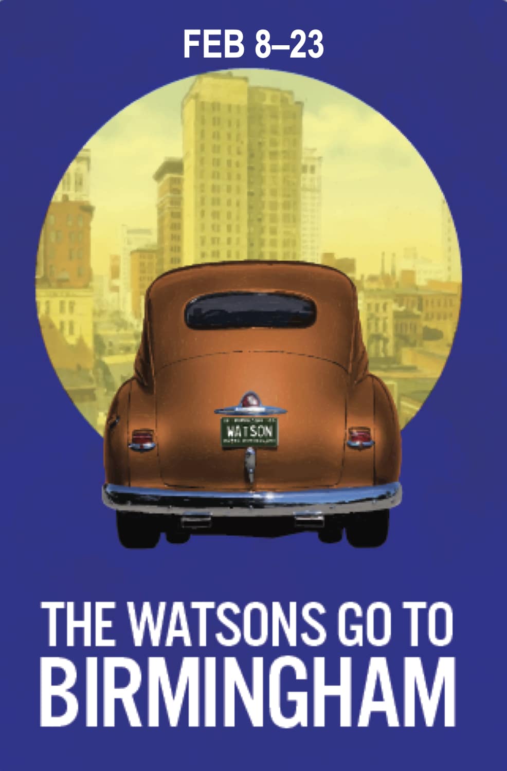 Watsons Go to Birmingham graphic - brown car with Birmingham skyline on blue background